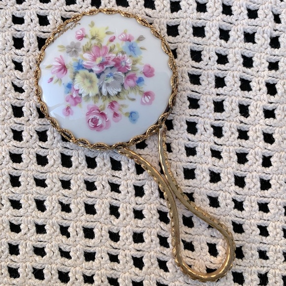 Vintage Mini Hand Held Porcelain Gold Tone Mirror by Limoges - Picture 1 of 6